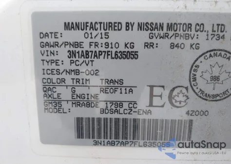 2015 Nissan Sentra Fe+ S/S/Sl/Sr/Sv from USA, damaged, VIN 3N1AB7AP7FL635055